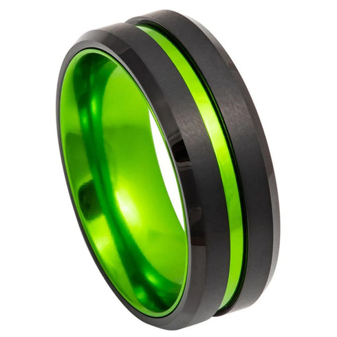 London Manori Black Tungsten Ring with Green Grooved Center